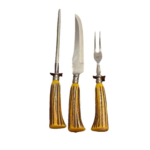 Vintage Bakelite‎ Englishtown Cutlery Carving Set Stag Handle Sheffield England
